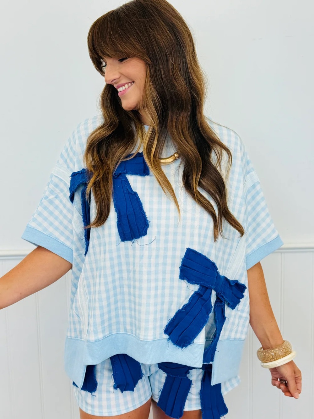 Light Blue Gingham Terry TOP with Navy Bow Accents - Women